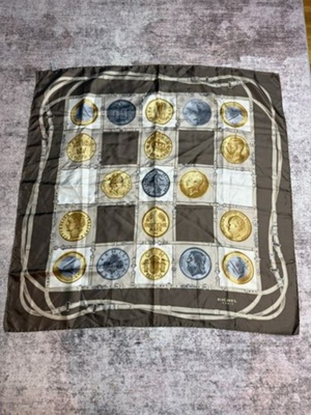 VTG Richel Paris Silk Scarf Brown European Coin Money Belt Buckle 33” Square